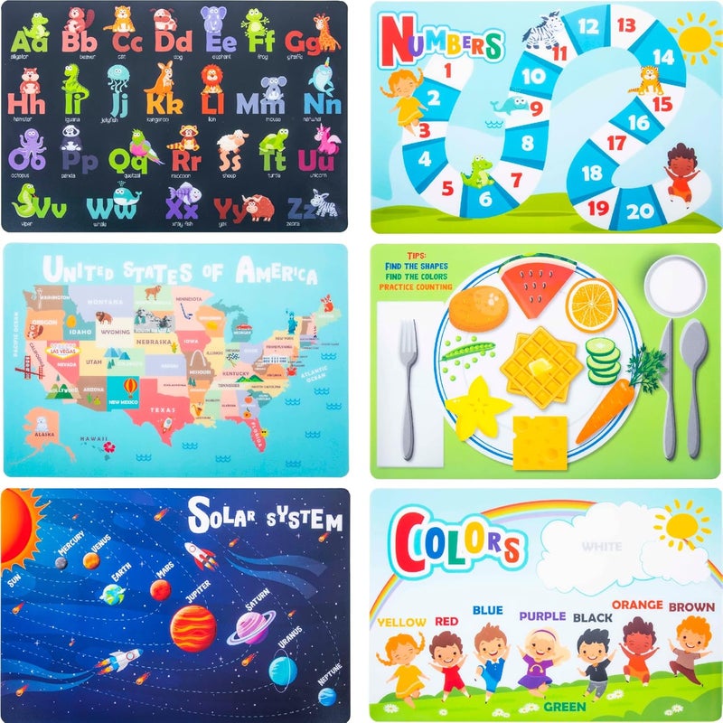 Hapinest 6 Pack Reusable Non Slip Educational Placemats for Kids & Toddlers, Learning Mat with Alphabet Numbers & US Map - Image 1
